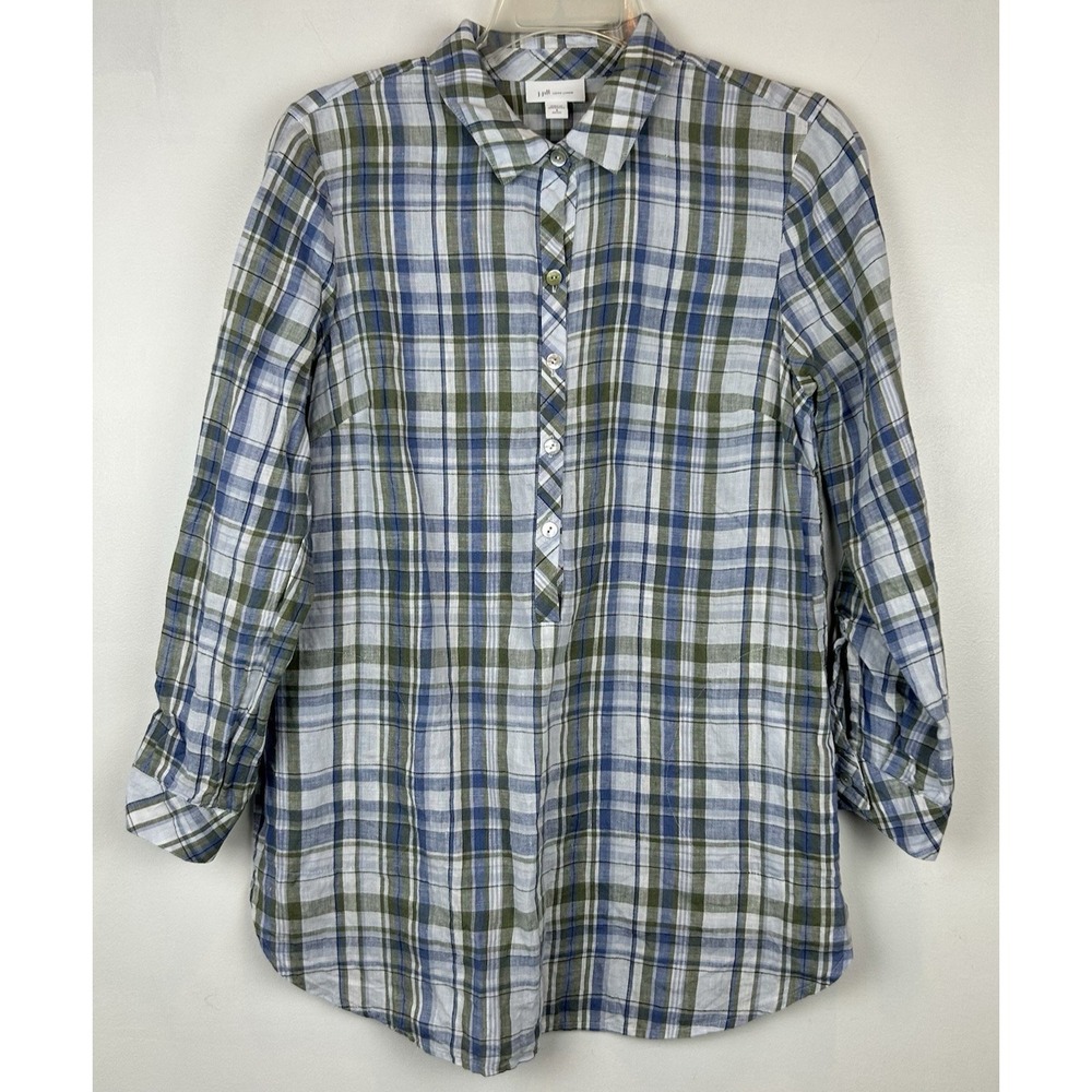 J Jill Love Linen Top S Blue Plaid 1/2 Button Tunic Blouse Pockets Casual Beach